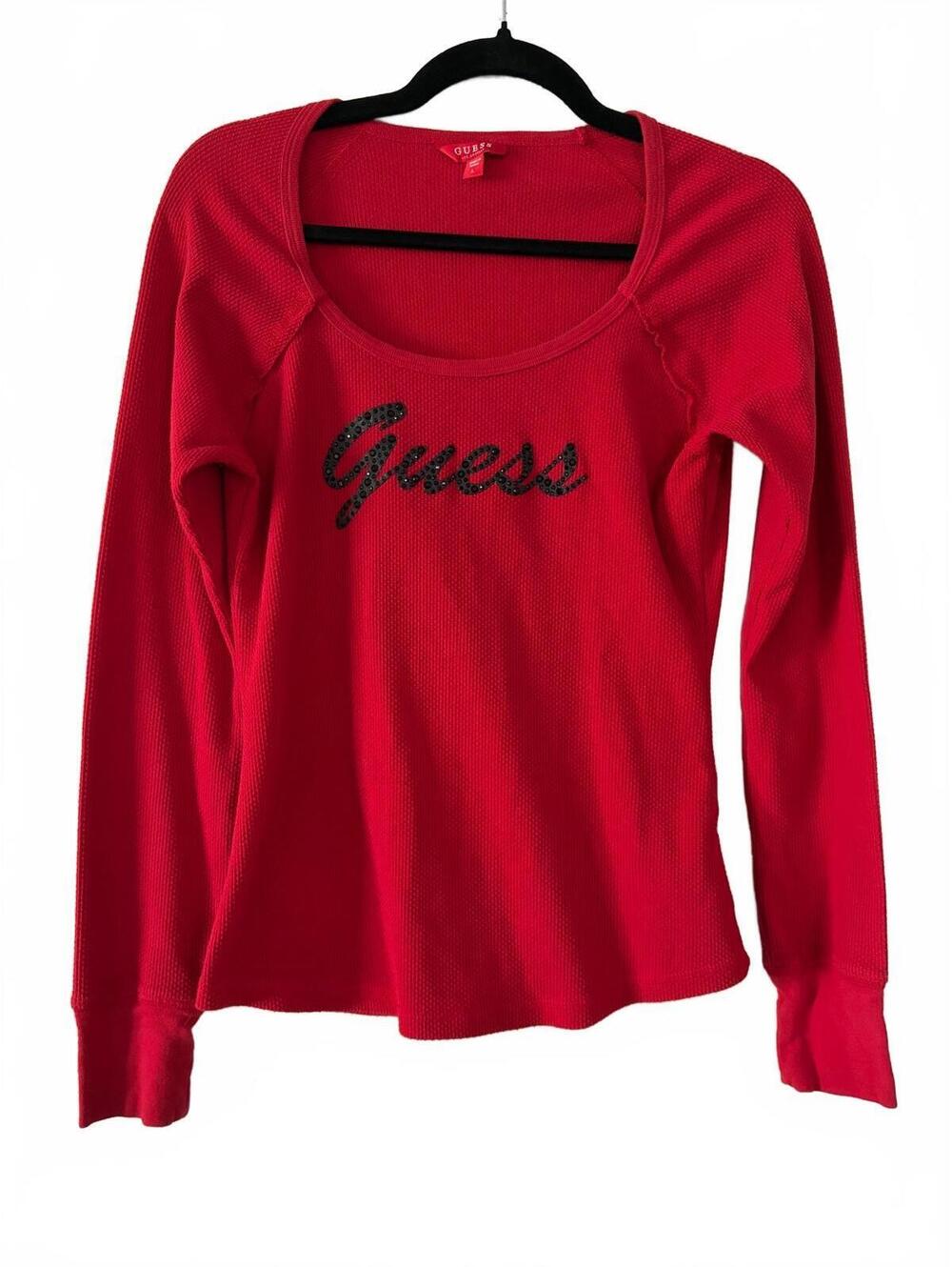 GUESS Top Womens Size L Red Waffle Knit Long Sleeve Sequin Logo Y2K